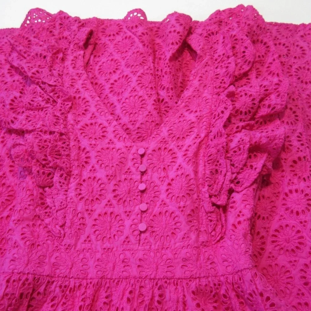 NWT J.Crew Ruffle-sleeve Maxi in Neon Flamingo Pink Eyelet Dress 0